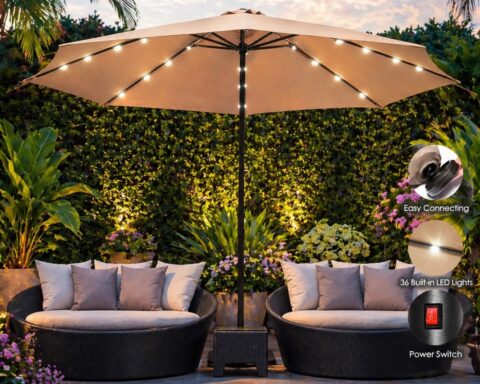 Patio Double-Sided Solar LED Market Umbrella at