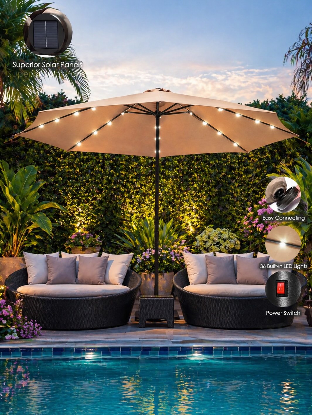 Patio Double-Sided Solar LED Market Umbrella at